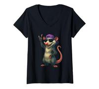 Donna Opossum Cool Rocking Cap Sunglasses Rock Concerto Musica Lover Maglietta con Collo a V