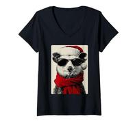 Donna Opossum di Natale con Occhiali da Sole Cappello di Babbo Natale Divertente Animale Maglietta con Collo a V