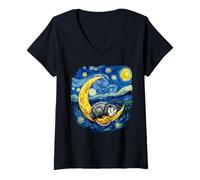 Donna Opossum di Notte Stellata impressionista Che Dorme sulla Luna Crescente Maglietta con Collo a V