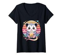 Donna Opossum Kawaii Beve Bubble Tea Boba Arcobaleno Maglietta con Collo a V