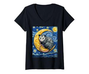 Donna Opossum su Una Mezzaluna Van Gogh Notte Stellata Style Art Maglietta con Collo a V