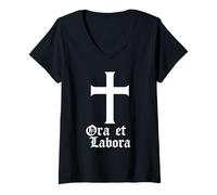 Donna Ora ET Labora - Preghiera e Lavoro - Cattolico Maglietta con Collo a V