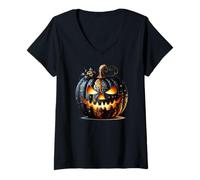 Donna Orange And Black Halloween Jack O Lantern Pumpkin Face Maglietta con Collo a V
