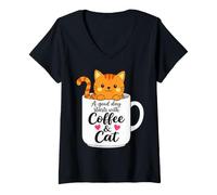 Donna Orange Cat Mom Funny Coffee & Cats Graphic Maglietta con Collo a V