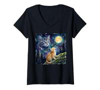 Donna Orange Tabby Cat Moon And Stars Night Sky Art Maglietta con Collo a V