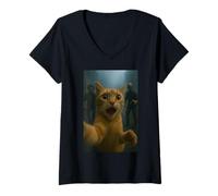 Donna Orange Tabby Cat Selfie Run Away from Zombie for Kids Adult Maglietta con Collo a V