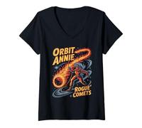 Donna Orbit Annie che combatte la corda del fuoco della cometa nella galassia stellata Maglietta con Collo a V