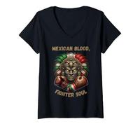 Donna Orgoglio di Boxe Azteco Messicano Blood Fighter Soul Maglietta con Collo a V