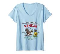 Donna Orgoglio Vintage del Kansas con Bisonte e Girasole Maglietta con Collo a V