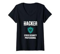 Donna Orgoglioso Cyber Security Professional Hacker Shield Minimalista Maglietta con Collo a V