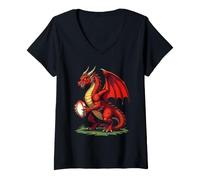 Donna Orgoglioso Drago Rosso con Una Palla da Rugby Maglietta con Collo a V
