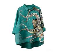 Donna Orientale Inchiostro Stile Oceano Animale Stampa Mezzo Pulsante Giù Camicia Manica Lunga collato Sciolto Casual Blusa