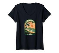 Donna Oriente Cuba Costiera Distintivo Spiaggia Tropicale Tramonto Maglietta con Collo a V