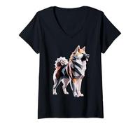 Donna Origami Art Japanese Akita Inu Maglietta con Collo a V