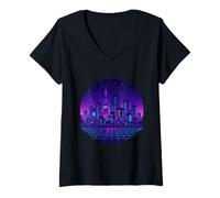 Donna orizzonte della città di vaporwave Maglietta con Collo a V