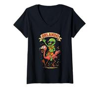Donna Orlando Alien Equitazione Flamingo Florida Spiaggia Vacanza Maglietta con Collo a V