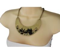 Donna Oro Collana Metallo Bavaglino Piastra Pietra Nera Perline Moda Gioielli +