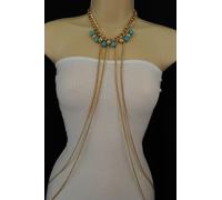 Donna Oro Metallo Corpo Catene Collana Moda Ciondolo Gioielli Blu Spiaggia