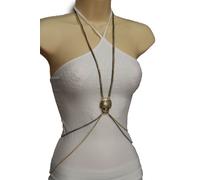 Donna Oro Peltro Metallo Corpo Catene Collana Lunga Gioielli Bardatura Scheletro