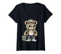 Donna Orsacchiotto Mimetico Rapper Anni '80 Old School Hip Hop Maglietta con Collo a V