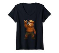 Donna Orsetto grizzly americano vintage rock gesture patriottico grizzly orso Maglietta con Collo a V