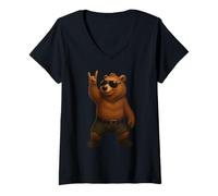 Donna Orsetto Grizzly Retro Vintage Rock Gesture Occhiali Cool Grizzly Orsetto Grizzly Maglietta con Collo a V