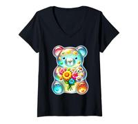 Donna Orso Gommoso Candy Fiori Arcobaleno Maglietta con Collo a V