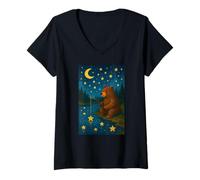 Donna Orso Pesca per Stelle Cielo Notturno Bosco Storybook Scena Maglietta con Collo a V