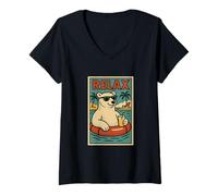 Donna Orso polare Relax Carino Animale Vintage Rilassante Stampa Retro Maglietta con Collo a V