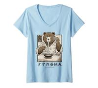 Donna Orso Ramen Giapponese Mangiare Tagliatelle Retro 70s Manga Maglietta con Collo a V