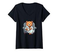 Donna Orso rilassato in accappatoio con tazza - stile cartoon Maglietta con Collo a V