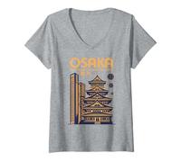 Donna Osaka, Notte, Orizzonte, Pagoda, Castello, e, Moderno, Torri Maglietta con Collo a V