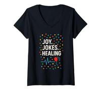 Donna Ospedale Clown Risate Medicina Umorismo Guarigione Clown Cura Maglietta con Collo a V
