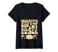Donna Osservare dolcemente silenzioso Grace Cat Lover Feline Pet Miao gatti Maglietta con Collo a V