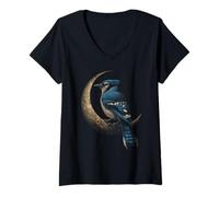 Donna Osservazione degli Uccelli celesti Blue Jay Crescent Moon Maglietta con Collo a V