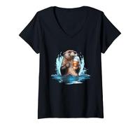 Donna Otter Coffee Lover Cozy River Wildlife Mattina Opera d'Arte Maglietta con Collo a V