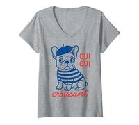 Donna Oui Oui Croissant French Bulldog Beret Funny Maglietta con Collo a V