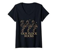 Donna Our Flock Rocks Chic Outline Flamingo Design Minimal Black Maglietta con Collo a V
