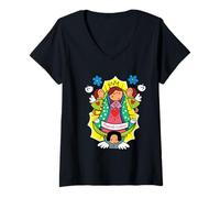 Donna Our Lady Virgen De Guadalupe Cartoon Christian Religious Maglietta con Collo a V