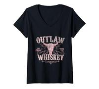 Donna Outlaw Whisky Bull Skull Western Country Vintage Maglietta con Collo a V