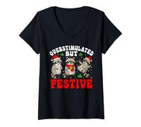 Donna Overstimulated But Festive - Divertente Procione Natale Natale Maglietta con Collo a V