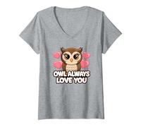 Donna Owl Always Love You - Simpatico animale del bosco con cuori rosa Maglietta con Collo a V