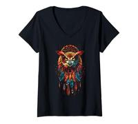 Donna Owl Dreamcatcher Native American Indian Feathers Arts Maglietta con Collo a V