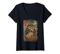 Donna Owl Onigiri Series Cool Funny Kawaii Ukiyo Novelty Maglietta con Collo a V