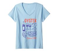 Donna Oyster Lovers Club Camicia Vino Formaggio Pesce Sketch Art Maglietta con Collo a V