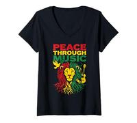 Donna Pace Attraverso la Musica Reggae Lion Rastafari Vibes Art Design Maglietta con Collo a V