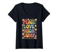 Donna Pace Love High Jump 60s 70s Hippie Retro High Jumper Maglietta con Collo a V