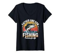 Donna Padre E Figlio Pesca Partners For Life Retro Bass Trip Maglietta con Collo a V