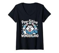 Donna Paese-Sitive Wonderland WOOF Winter Dog Wonders Husky Maglietta con Collo a V