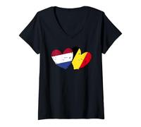 Donna Paesi Bassi Belgio Love Heart Olandese Belga Doppia Bandiera Maglietta con Collo a V